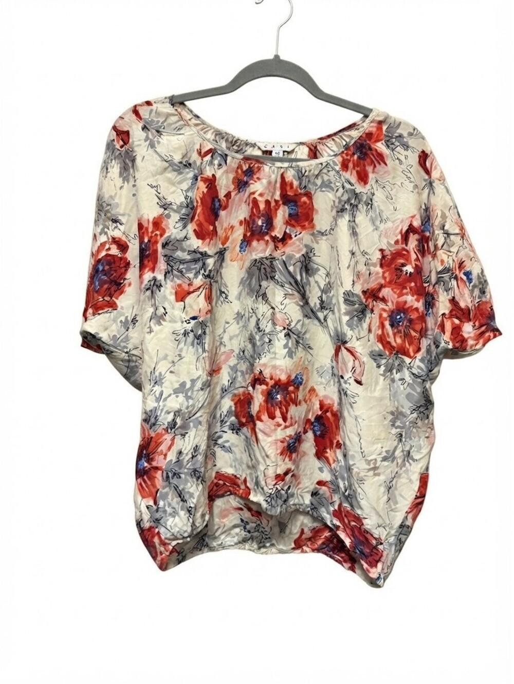 CAbi 100% Silk Floral Blouse Top Size XS Red Grey White Abstract Short Sleeve